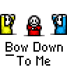 Animated contact sheet showing six sequential frames of a pixel art character performing bowing motions with text "Bow Down To Me" below each frame.