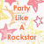 A static buddy icon with two distinct sections: a white background section featuring orange and pink text, stars, and shoes; and a black polka-dot section with pink text.