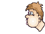 Pixelated cartoon character with brown hair and glasses blows a light blue bubble that grows, bursts into fragments, then deflates.