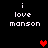 Black background with white pixelated text 'i love manson' and red heart symbols in different positions across frames.
