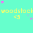 A static image with a cyan background featuring repeated yellow text 'woodstock' and '<3' symbols, surrounded by scattered pink and purple stars.