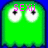 Green ghost-like figure with large white eyes and black pupils on blue background, displaying text above its head.