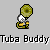 Pixelated icon of a person holding a large green tuba with a yellow bell, standing against a gray background with 'Tuba Buddy' text below.