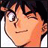Pixelated anime-style close-up of a character's face with orange hair and closed eyes, set against dark background with white border.