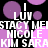 Pixelated text and purple circles on black background with repeated names and 'I LUV' phrases.