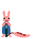 Pixel art animation of a pink rabbit character inflating various shapes with 'NEW!' text on a gray background.