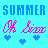 Pixelated blue text 'SUMMER SUMMER' spans top of cyan background, with four pink signature-like symbols and five blue hearts below.
