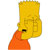 Pixelated yellow cartoon character with orange shirt, black circular eye, and visible mouth, cropped to show upper body against white background.