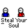 Animated contact sheet of 17 pixel art frames showing two stick figures (blue and red) with changing poses, expressions, and particle effects above their heads against a gray background.