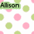 Static image with white background and alternating pink and light green polka dots, featuring three text labels: 'Allison' in black on green rectangle at top-left, 'Victoria' in black on pink rectangle at center-right, 'Barnes' in black on green rectangle at bottom-left.