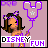 A 4-frame animated contact sheet showing a pixel-art character holding a Mickey Mouse-shaped balloon with text "DISNEY FUN" across the bottom, each frame displaying subtle animation changes in the character's pose and text color.