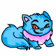 Blue cartoon cat with pink collar in four sequential poses showing eye and mouth expression changes.