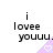 Pixelated text 'i lovee youuu.' with a purple triangular shape containing a white heart symbol, displayed in a