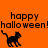 Orange background with black text 'happy halloween!' and a black cat icon in three positions.