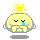 Pixelated yellow character with closed eyes, blue tears, pink cheeks, green base, and a star on its head; four variations show different hand positions.