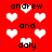 Red background with white pixelated hearts and black text reading andrew, and, daly in a repeating pattern.