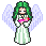 Pixel art angel with green hair and white wings holding a pink object, wearing light green and white striped robe.