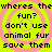 A bright yellow background with pink concentric circles displays four identical text in a , each reading "wheres the fun? don't use animal fur save them"