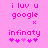 Pixelated pink text and symbols on a solid pink background, with two variations of heart patterns below the word 'infinaty'.