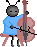 Pixel art animation of a gray insectoid character with antennae playing a cello in four sequential frames arranged in a 2x2 contact sheet.