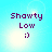 Pixelated text 'Shawty Low ;)' on a light blue background with a bright white circular glow shifting position across frames.