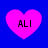 Four pink heart shapes on a blue background, each containing the text ALI in black uppercase letters.