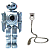 Pixelated blue robot with black circular chest emblem and white accents stands beside a white-framed device with a dark screen and coiled cable.