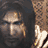 Animated sequence of a hooded figure with glowing eyes and metallic armor, transitioning from neutral to intense expressions against a stone background.