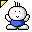Pixelated cartoon character with white round head, black antennae, pink cheeks, blue shirt, and gray pants in two poses against gray background.