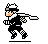Pixel art character in black and white outfit with checkered patterns, orange cheeks, and a headband, shown in four sequential poses on gray background.