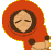 Pixelated cartoon character in red hooded cloak with brown hair, showing two expressions: closed eyes and wide open white eyes.