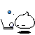 Pixelated white rounded shape with small horizontal line for mouth, two blue spheres floating above, and a small white sphere on a dark base.