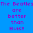 Pixelated text on blue background with green highlighted sections reading "The Beatles are better than Elvis!!" in purple and white.