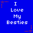Blue background with white pixelated text reading "I Love My Besties" arranged in a , surrounded by orange and purple star-shaped sparkles