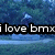 A pixelated outdoor scene with a person riding a BMX bike on a path, overlaid text reading "i love bmx its my life" in white letters on black rectangles.