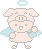 Pixel art angel pig character with light blue wings and halo, two frames showing slight pose variation against gray background.
