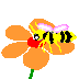 Pixelated bee on orange flower with red center, pink wings, black-and-yellow stripes, green stem, gray background.
