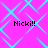 Pixelated text 'Nicki!!' appears four times on a bright pink background with a repeating light blue diamond pattern