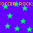 Blue background with green stars and orange text repeating 'SOCCER ROCK' in pixelated font.