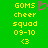 Green background with yellow pixelated text reading GOMS cheer squad 09-10 and a pink heart symbol above the first 'GOMS' on left side.