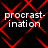 Red geometric patterns overlay white text reading 'procrastination' on a black background, with visible pixelation and repeated layout.