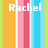 Pixelated text 'Rachel' overlaid on vertical stripes of orange, pink, red, and blue with thin white and light green borders.