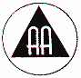 Black triangle with white 'AA' symbols inside circular border, next to 'WELCOME TO THE PROGRAM!' text in multiple configurations.