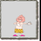 Animated sequence of a cartoon character in yellow shorts and pink shoes performing actions with white objects against gray background.