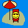 Pixelated beach scene with red-and-white umbrella, yellow character in red outfit on green patch of sand against blue water background.