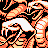 Pixelated static icon with abstract orange, black, and white shapes resembling a stylized animal or creature against a dark background.