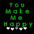 Green pixelated text "You Make Me Happy" on black background with white and gray plus signs below, showing slight shift in plus sign positions