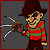 Pixel art contact sheet of four frames showing a character in red-green striped sweater and brown fedora with bladed glove, each frame depicting different poses against gray background.