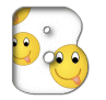 Yellow smiley faces with black eyes and pink tongues peek through white cutout letters on a gray background.