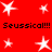 Red background with white star shapes and repeated black text reading "Seussical!!!" in pixelated font.